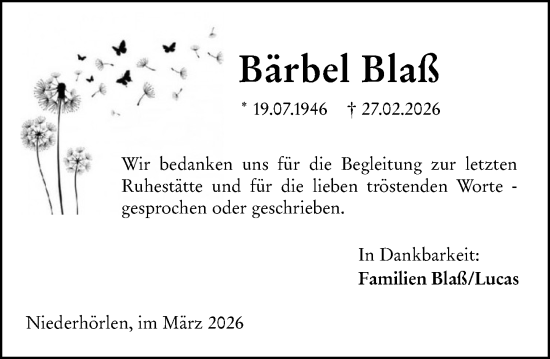 Traueranzeige von Bärbel Blaß von Hinterländer Anzeiger
