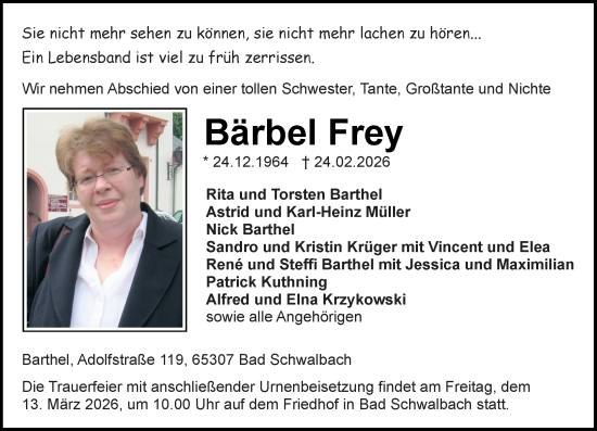 Traueranzeige von Bärbel Frey von Idsteiner Land/Untertaunus