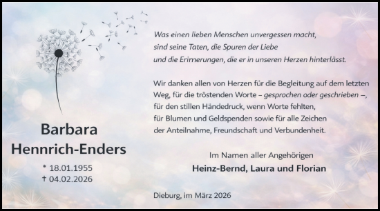 Traueranzeige von Barbara Hennrich-Enders von Dieburger Anzeiger/Groß-Zimmerner Lokal-Anzeiger