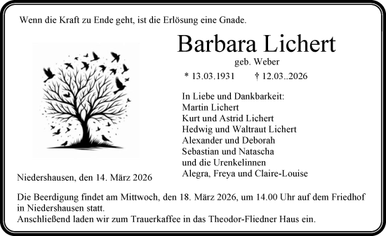 Traueranzeige von Barbara Lichert von Weilburger Tageblatt