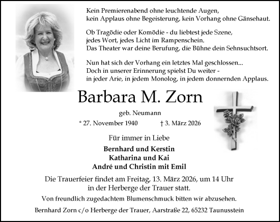 Traueranzeige von Barbara M. Zorn von Wiesbadener Kurier