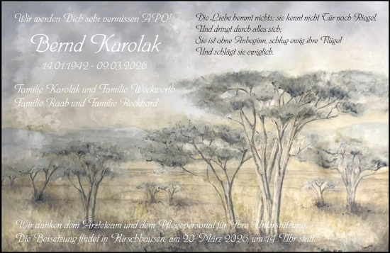 Traueranzeige von Bernd Karolak von Weilburger Tageblatt