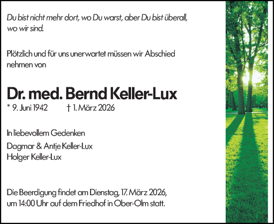 Traueranzeige von Bernd Keller-Lux von Allgemeine Zeitung Mainz