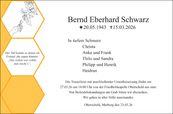 Traueranzeige von Bernd Eberhard Schwarz von Dill Block