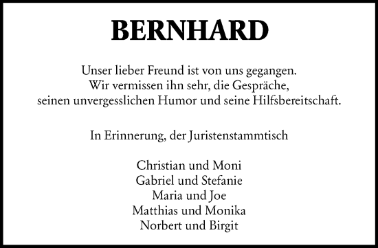 Traueranzeige von Bernhard  von Allgemeine Zeitung Mainz