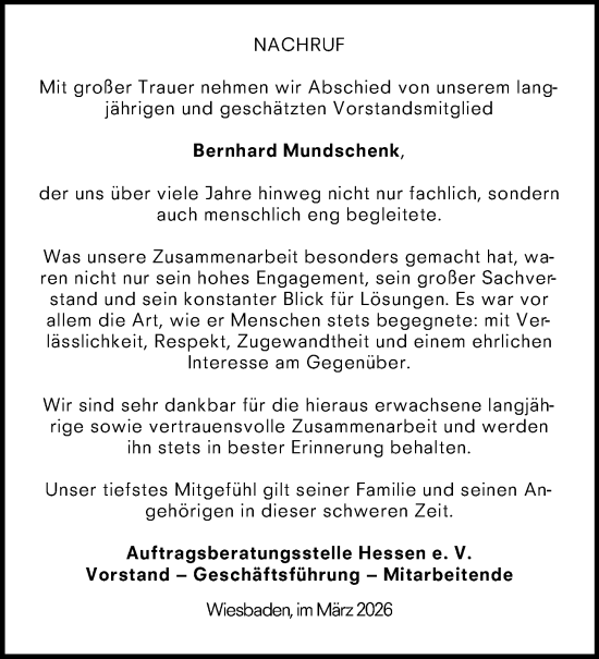 Traueranzeige von Bernhard Mundschenk von Wiesbadener Kurier