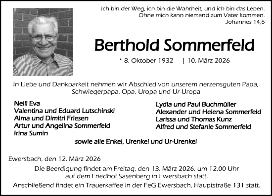 Traueranzeige von Berthold Sommerfeld von Dill Block