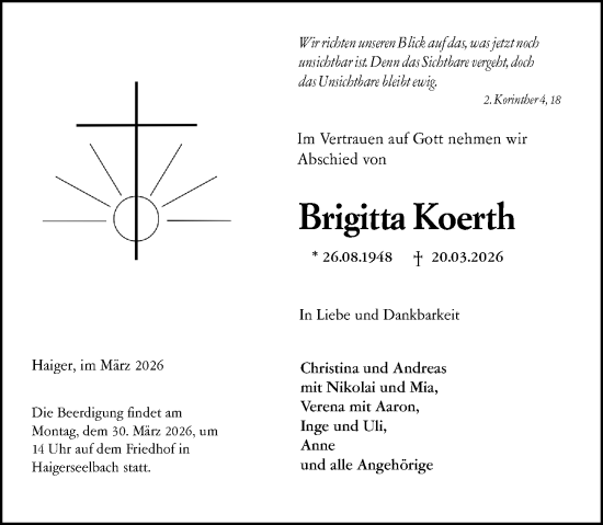 Traueranzeige von Brigitta Koerth von Dill Block