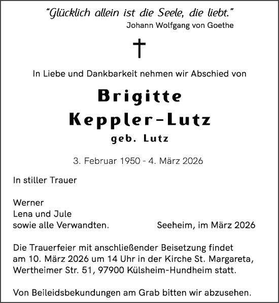 Traueranzeige von Brigitte Keppler-Lutz von Darmstädter Echo