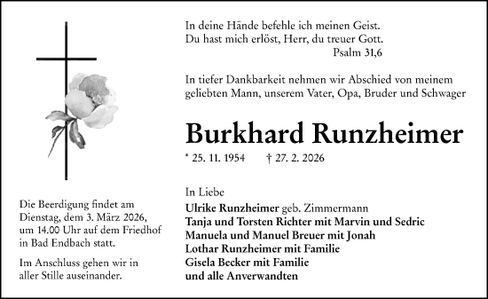 Traueranzeige von Burkhard Runzheimer von Hinterländer Anzeiger