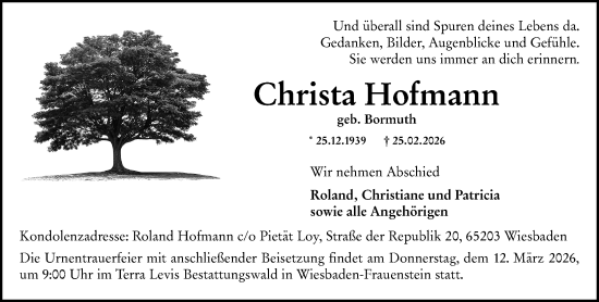 Traueranzeige von Christa Hofmann von Wiesbadener Kurier