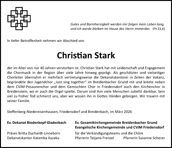 Traueranzeige von Christian Stark von Hinterländer Anzeiger