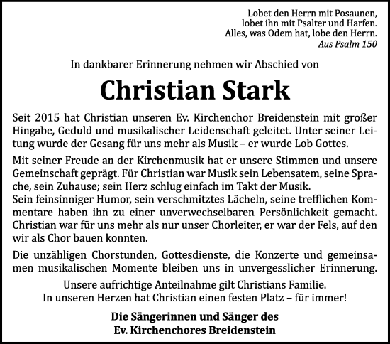 Traueranzeige von Christian Stark von Hinterländer Anzeiger