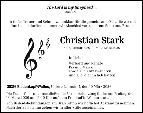 Traueranzeige von Christian Stark von Hinterländer Anzeiger