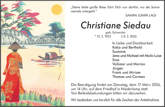 Traueranzeige von Christiane Siedau von Wetzlarer Neue Zeitung