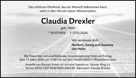 Traueranzeige von Claudia Drexler von Rüsselsheimer Echo