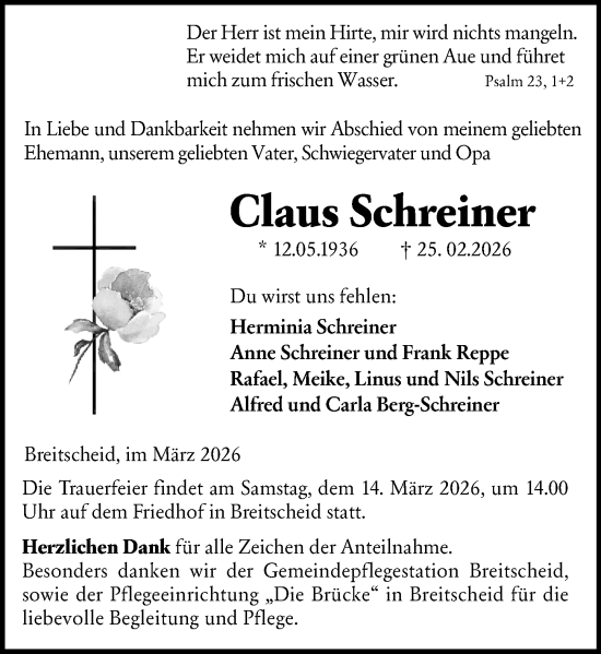 Traueranzeige von Claus Schreiner von Dill Block