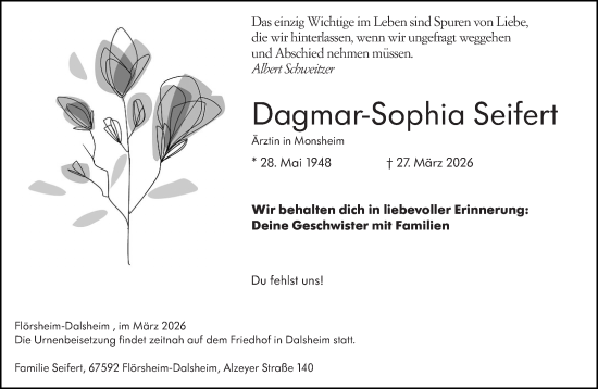 Traueranzeige von Dagmar-Sophia Seifert von Allgemeine Zeitung Alzey