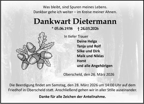 Traueranzeige von Dankwart Dietermann von Dill Block