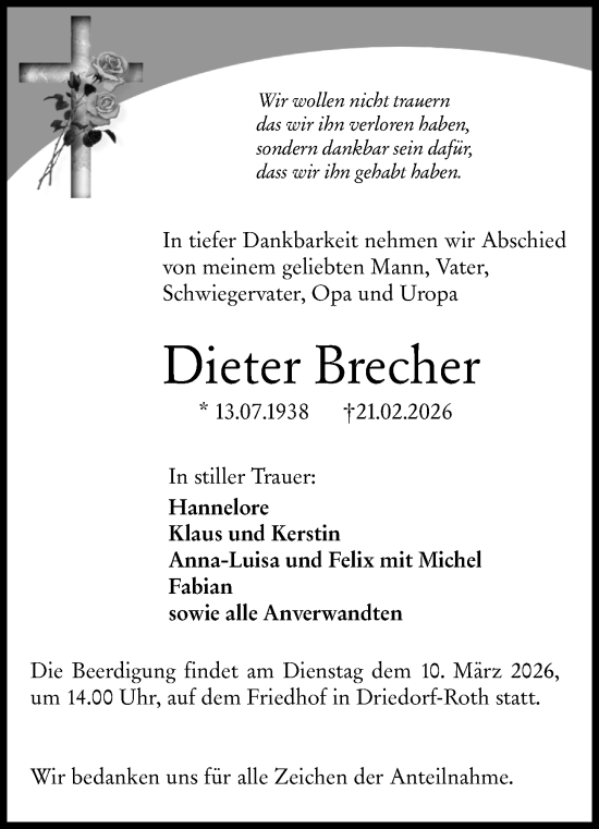 Traueranzeige von Dieter Brecher von Dill Block