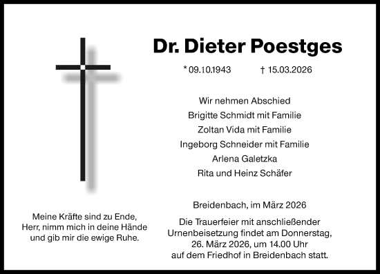 Traueranzeige von Dieter Poestges von Hinterländer Anzeiger