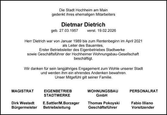 Traueranzeige von Dietmar Dietrich von Hochheimer Zeitung