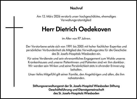 Traueranzeige von Dietrich Oedekoven von Wiesbadener Kurier