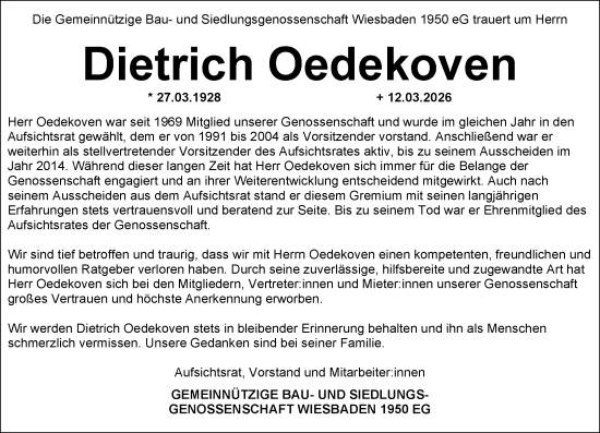 Traueranzeige von Dietrich Oedekoven von Wiesbadener Kurier