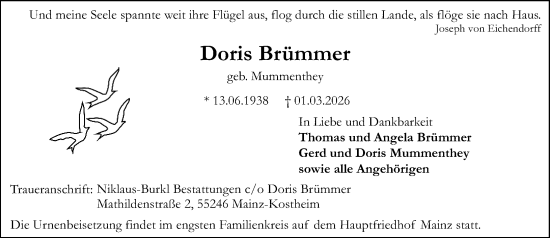 Traueranzeige von Doris Brümmer von Allgemeine Zeitung Mainz
