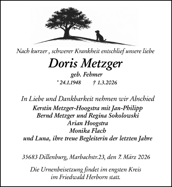 Traueranzeige von Doris Metzger von Dill Block