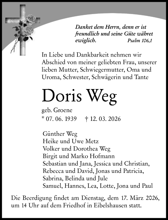 Traueranzeige von Doris Weg von Dill Block