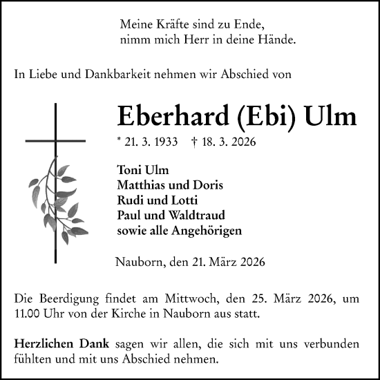 Traueranzeige von Eberhard Ulm von Wetzlarer Neue Zeitung