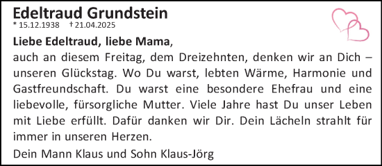 Traueranzeige von Edeltraud Grundstein von Allgemeine Zeitung Rheinhessen-Nahe