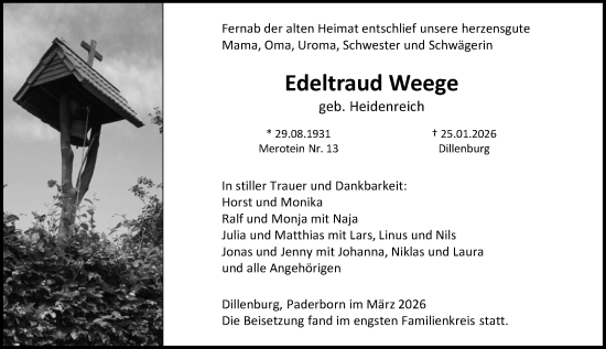 Traueranzeige von Edeltraud Weege von Dill Block