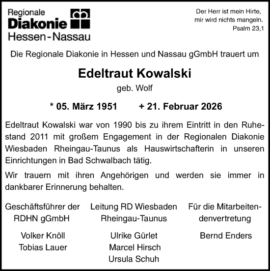 Traueranzeige von Edeltraut Kowalski von Rheingau-Taunus-Kreis Wochenblatt