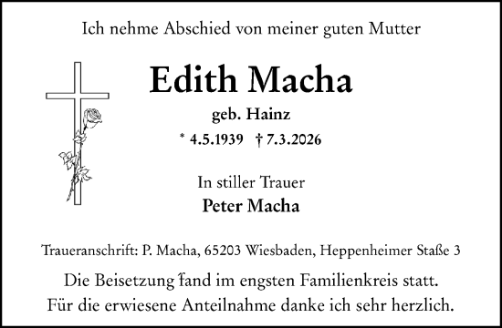 Traueranzeige von Edith Macha von Wiesbadener Kurier