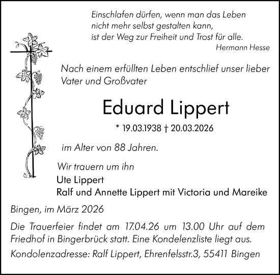 Traueranzeige von Eduard Lippert von Allgemeine Zeitung Rheinhessen-Nahe