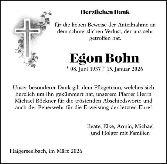 Traueranzeige von Egon Bohn von Dill Block
