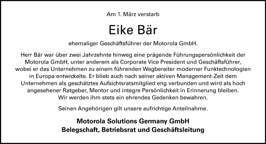 Traueranzeige von Eike Bär von Wiesbadener Kurier