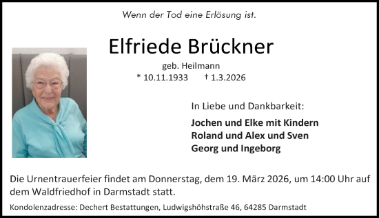 Traueranzeige von Elfriede Brückner von Darmstädter Echo