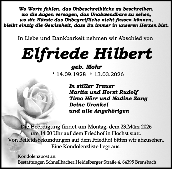 Traueranzeige von Elfriede Hilbert von Odenwälder Echo