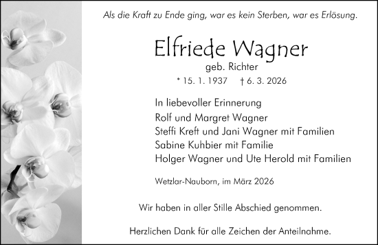 Traueranzeige von Elfriede Wagner von Wetzlarer Neue Zeitung