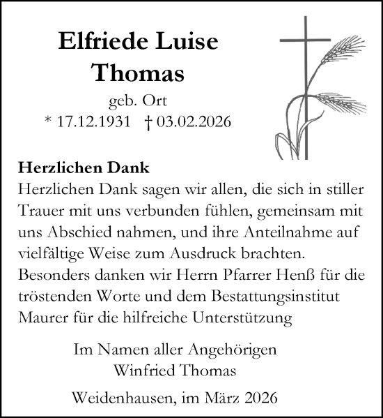 Traueranzeige von Elfriede Luise Thomas von Hinterländer Anzeiger