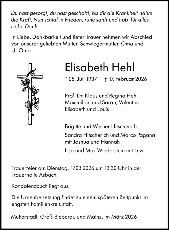 Traueranzeige von Elisabeth Hehl von Darmstädter Echo