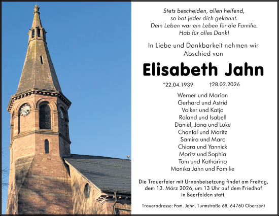 Traueranzeige von Elisabeth Jahn von Odenwälder Echo
