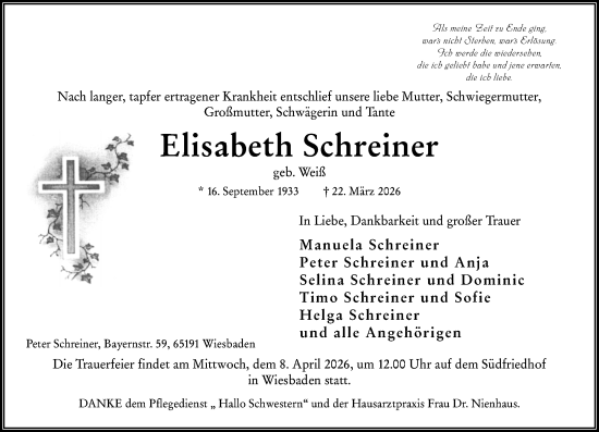 Traueranzeige von Elisabeth Schreiner von Wiesbadener Kurier