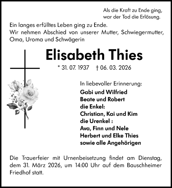 Traueranzeige von Elisabeth Thies von Rüsselsheimer Echo