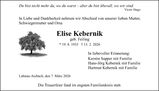 Traueranzeige von Elise Kebernik von Wetzlarer Neue Zeitung