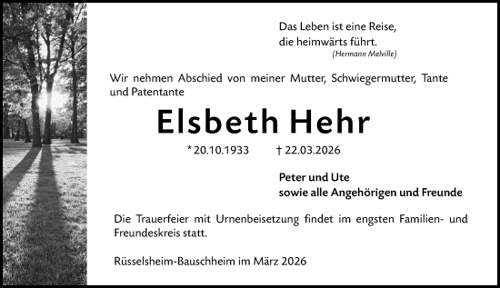 Traueranzeige von Elsbeth Hehr von Rüsselsheimer Echo
