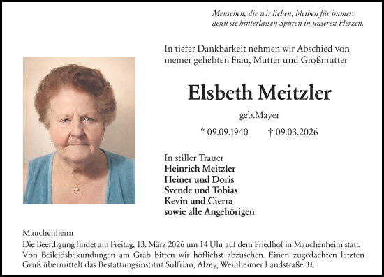 Traueranzeige von Elsbeth Meitzler von Allgemeine Zeitung Alzey